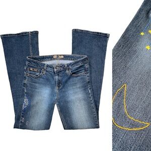 Vintage Y2K L.E.I. Custom Embroidered Moon and Stars Dream Catcher Flare Jeans